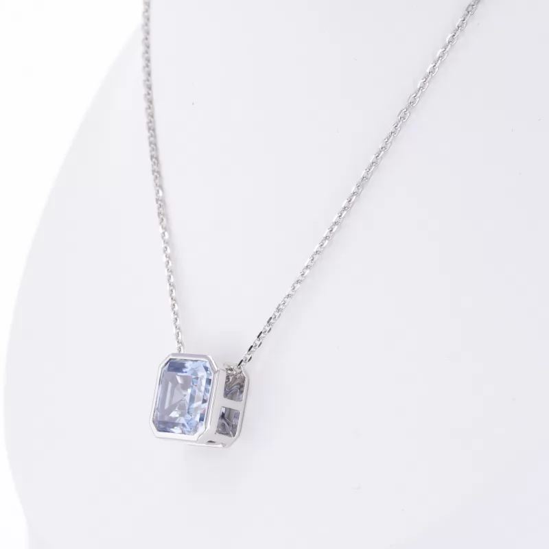 9×9mm Asscher Cut Blue Moissanite Bezel Set S925 Sterling Silver Diamond Pendant Necklace