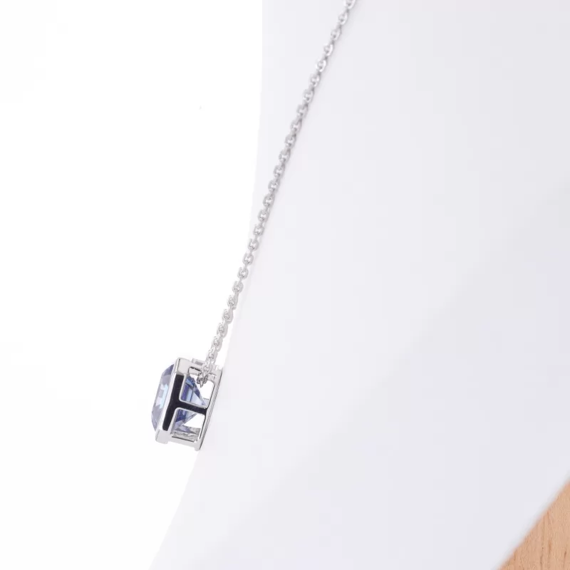 9×9mm Asscher Cut Blue Moissanite Bezel Set S925 Sterling Silver Diamond Pendant Necklace