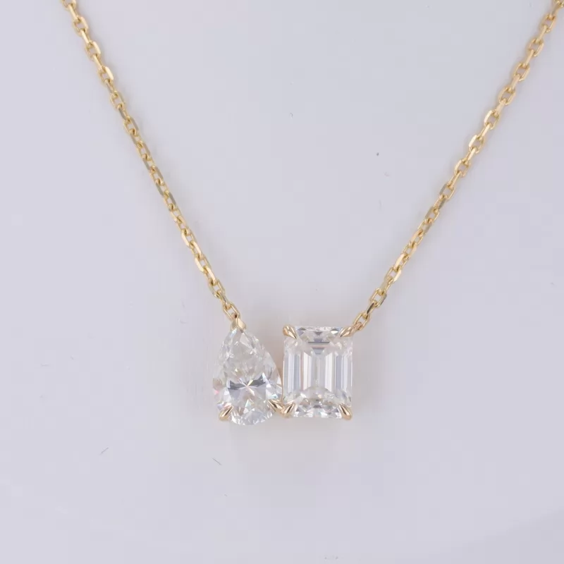 6×9mm Pear Cut Moissanite & 6×8mm Octagon Emerald Cut Moissanite 14K Yellow Gold Diamond Pendant Necklace