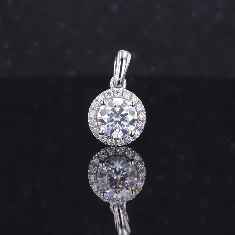 6.5mm Round Brilliant Cut Moissanite Halo Set 10K White Gold Diamond Pendant