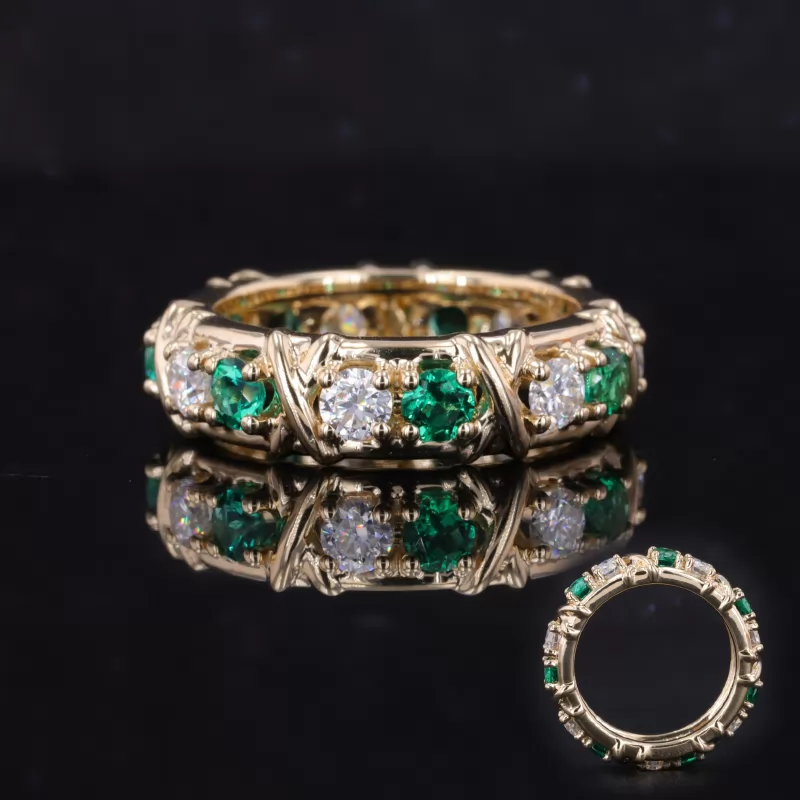 3mm Round Brilliant Cut Moissanite & Lab Grown Emerald 14K Yellow Gold Diamond Eternity Ring