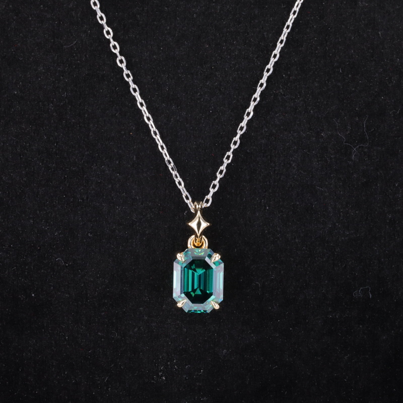 7×9mm Emerald Cut Green Moissanite 14K Yellow Gold Diamond Pendant Necklace