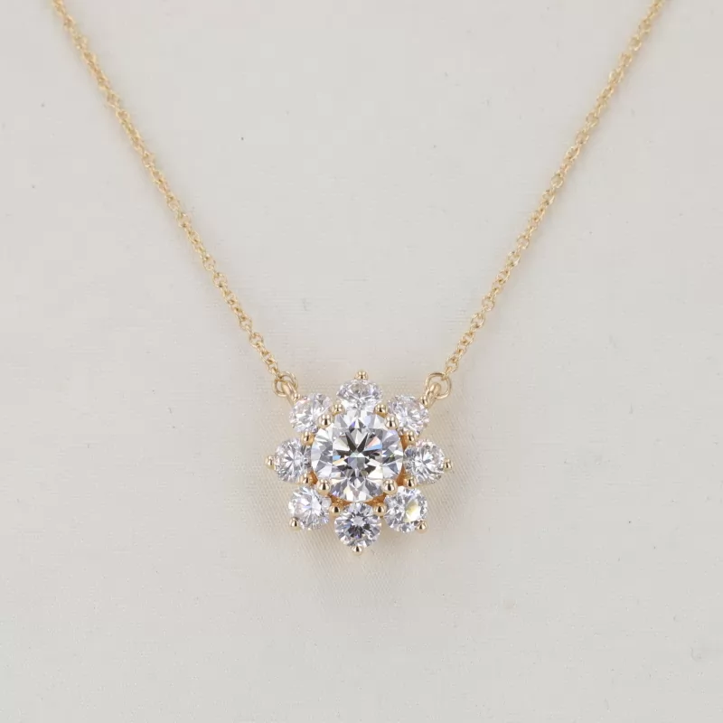 6.91mm Round Brilliant Cut Lab Grown Diamond Halo Set 9K Yellow Gold Diamond Pendant Necklace