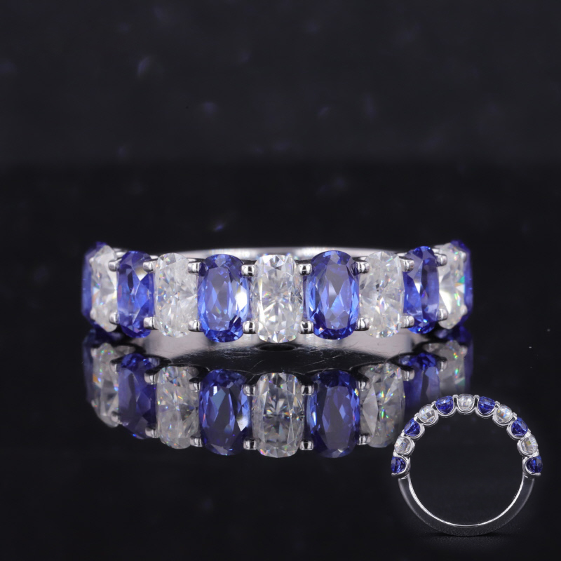 3×5mm Cushion Cut Moissanite & Lab Grown Sapphire 14K White Gold Eleven Stone Diamond Ring