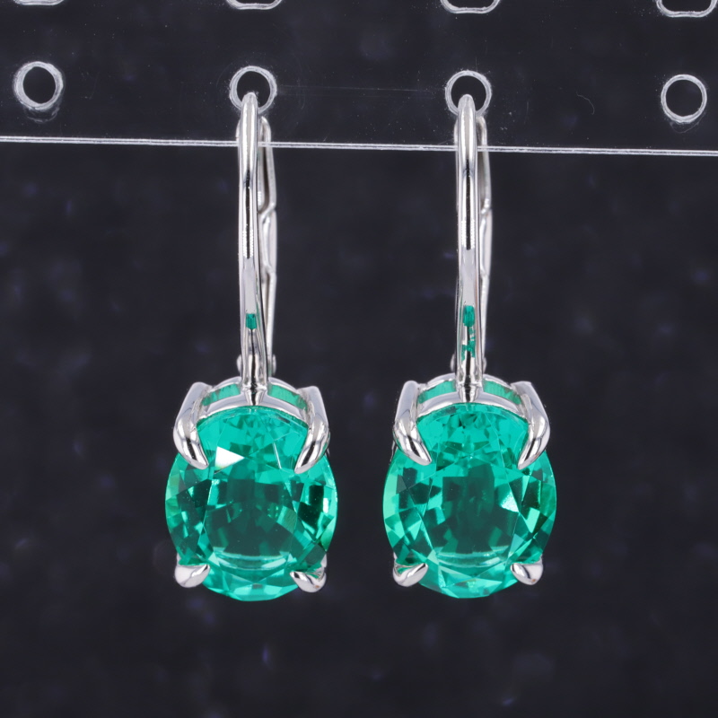 8×10mm Oval Cut Lab Grown Emerald S925 Sterling Silver Diamond Earrings