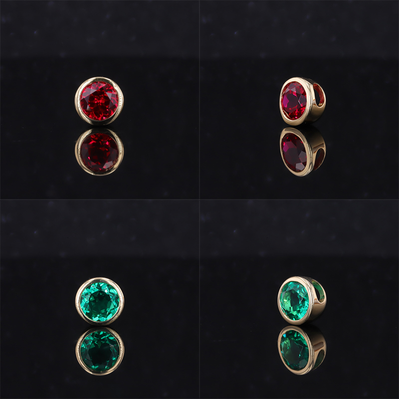 6.5mm Round Brilliant Cut Lab Grown Ruby & Lab Grown Emerald Bezel Set 18K Yellow Gold Diamond Pendants