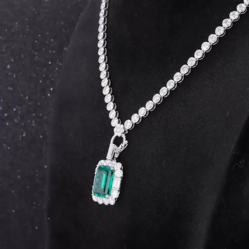 10×14mm Octagon Emerald Cut Lab Grown Emerald Halo Set 9K White Gold Diamond Pendant Necklace