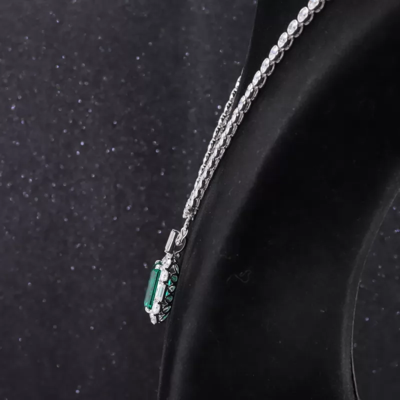 10×14mm Octagon Emerald Cut Lab Grown Emerald Halo Set 9K White Gold Diamond Pendant Necklace