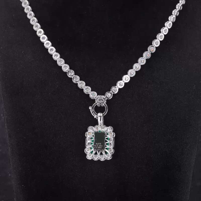 10×14mm Octagon Emerald Cut Lab Grown Emerald Halo Set 9K White Gold Diamond Pendant Necklace