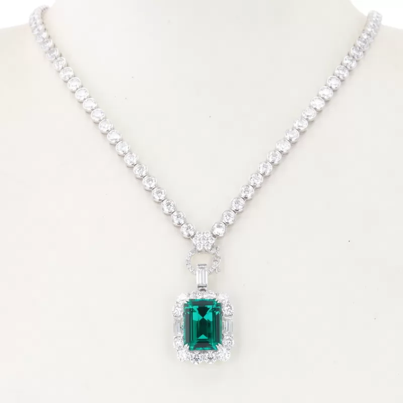 10×14mm Octagon Emerald Cut Lab Grown Emerald Halo Set 9K White Gold Diamond Pendant Necklace