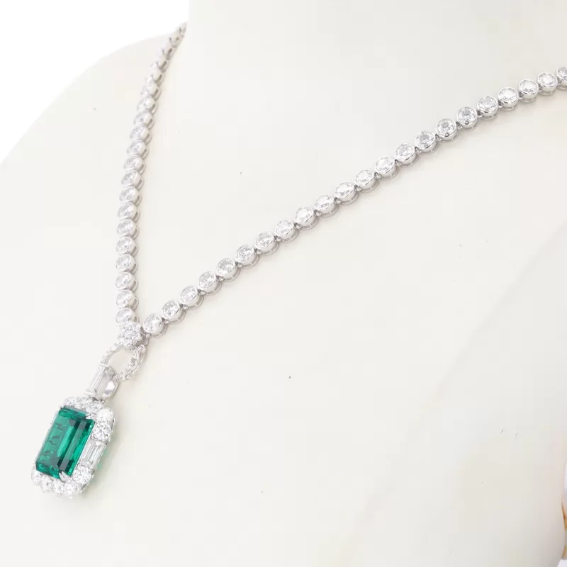 10×14mm Octagon Emerald Cut Lab Grown Emerald Halo Set 9K White Gold Diamond Pendant Necklace