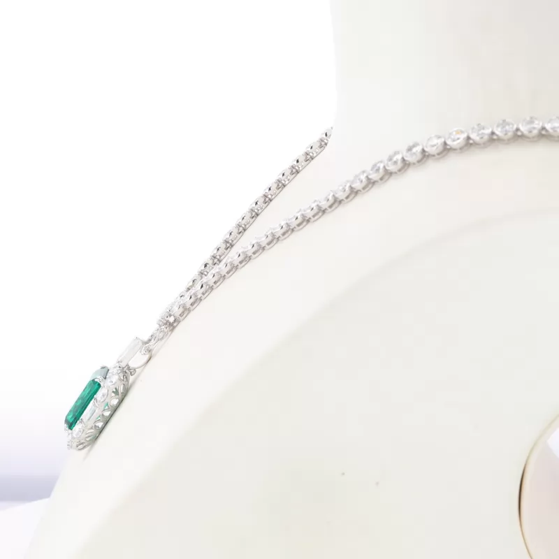 10×14mm Octagon Emerald Cut Lab Grown Emerald Halo Set 9K White Gold Diamond Pendant Necklace