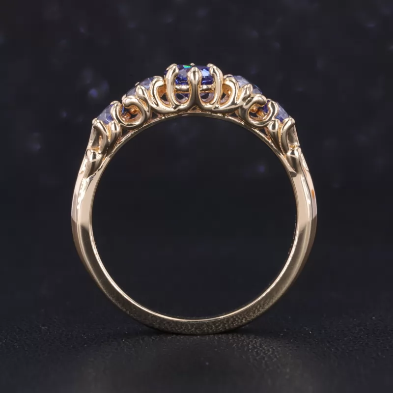 5mm Round Brilliant Cut Lab Grown Sapphire 14K Yellow Gold Five Stone Diamond Ring