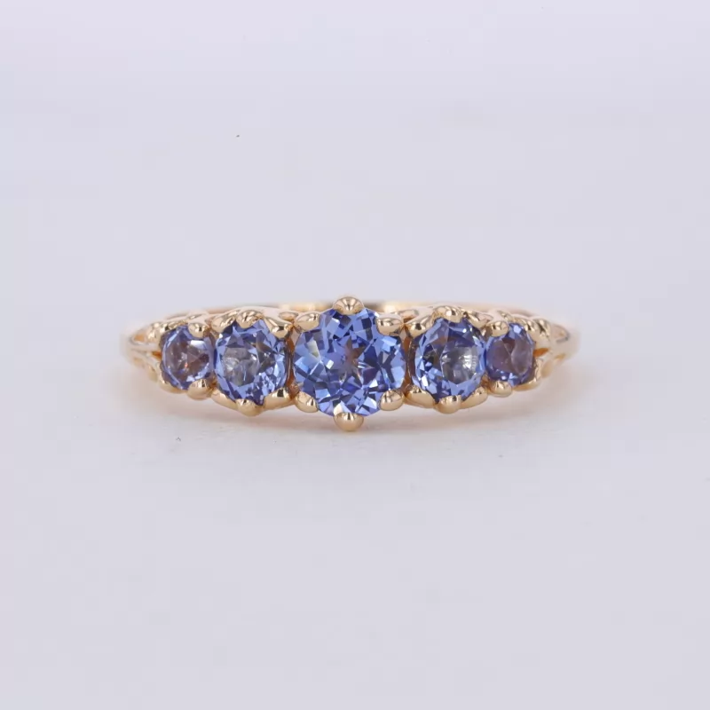 5mm Round Brilliant Cut Lab Grown Sapphire 14K Yellow Gold Five Stone Diamond Ring