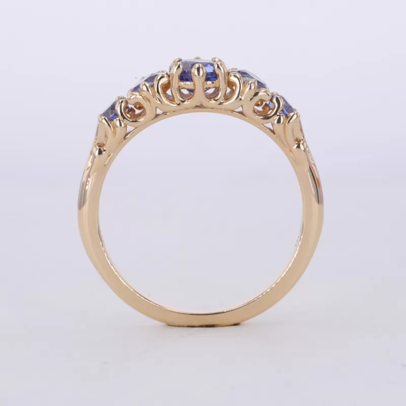 5mm Round Brilliant Cut Lab Grown Sapphire 14K Yellow Gold Five Stone Diamond Ring