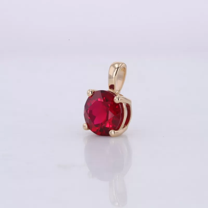 7mm Round Brilliant Cut Lab Grown Ruby 14K Yellow Gold Diamond Pendant