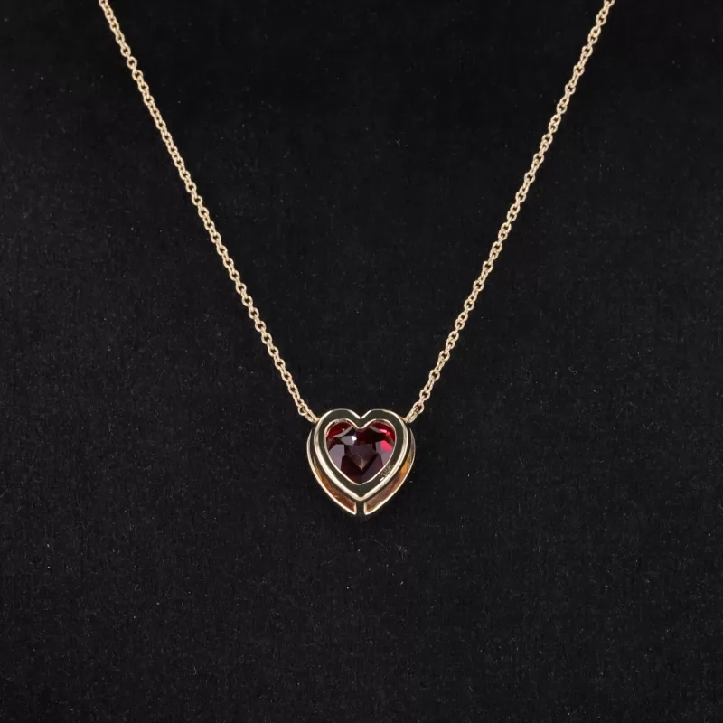 8×8mm Heart Cut Lab Grown Ruby Bezel Set 18K Yellow Gold Diamond Pendant Necklace