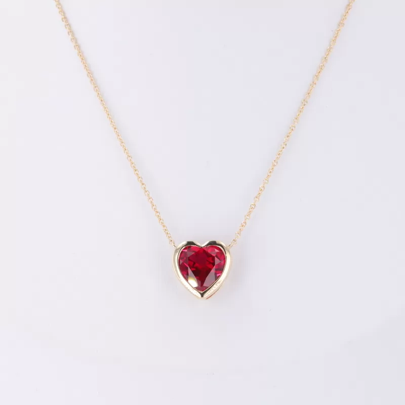 8×8mm Heart Cut Lab Grown Ruby Bezel Set 18K Yellow Gold Diamond Pendant Necklace