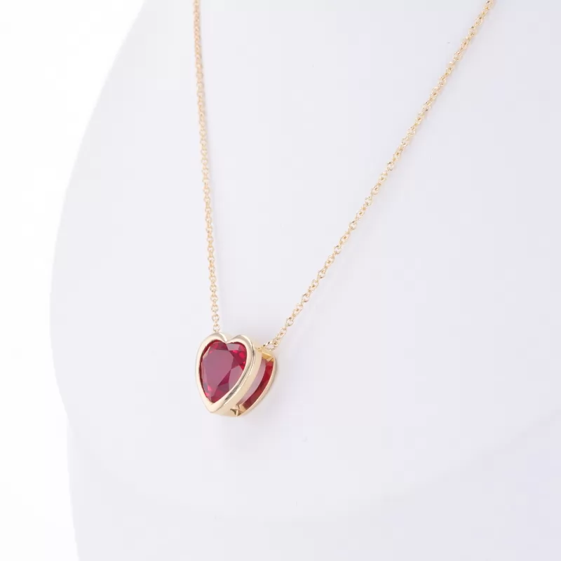 8×8mm Heart Cut Lab Grown Ruby Bezel Set 18K Yellow Gold Diamond Pendant Necklace