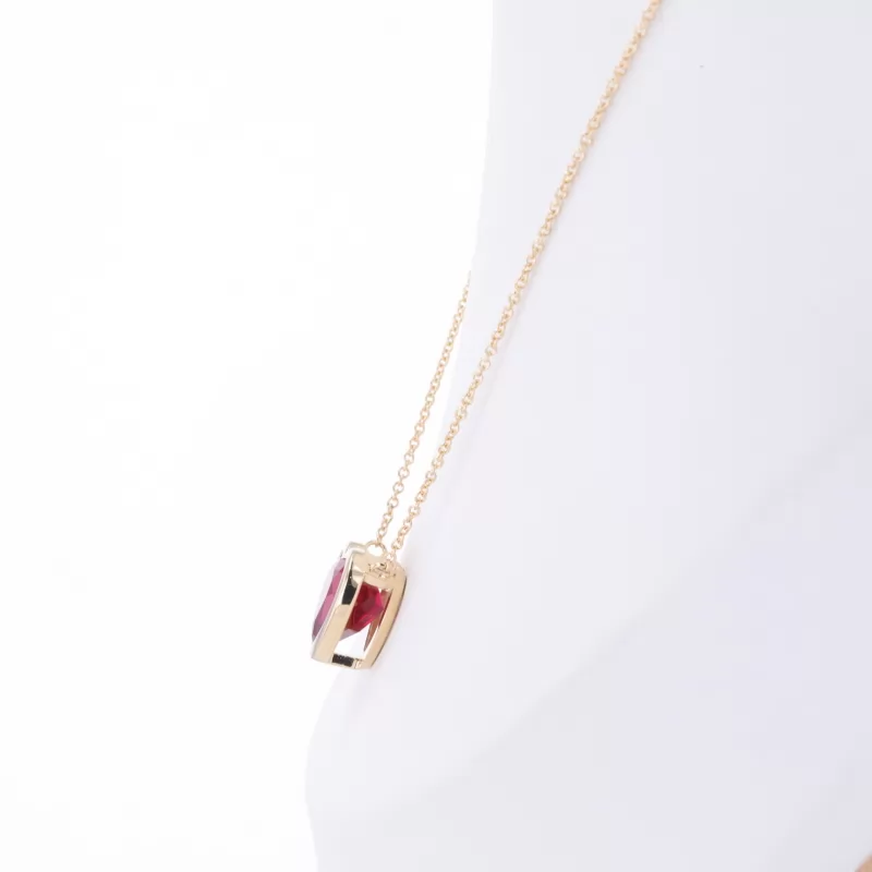 8×8mm Heart Cut Lab Grown Ruby Bezel Set 18K Yellow Gold Diamond Pendant Necklace