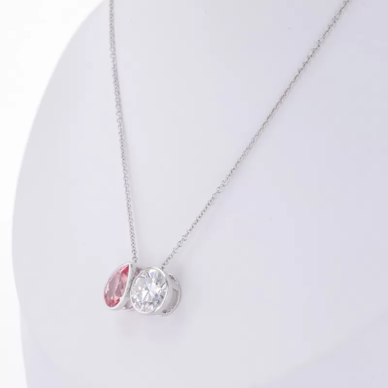 6×9mm Pear Cut Lab Grown Padparadscha Pink Sapphire & 8mm Round Brilliant Cut Moissanite 10K White Gold Diamond Pendant Necklace