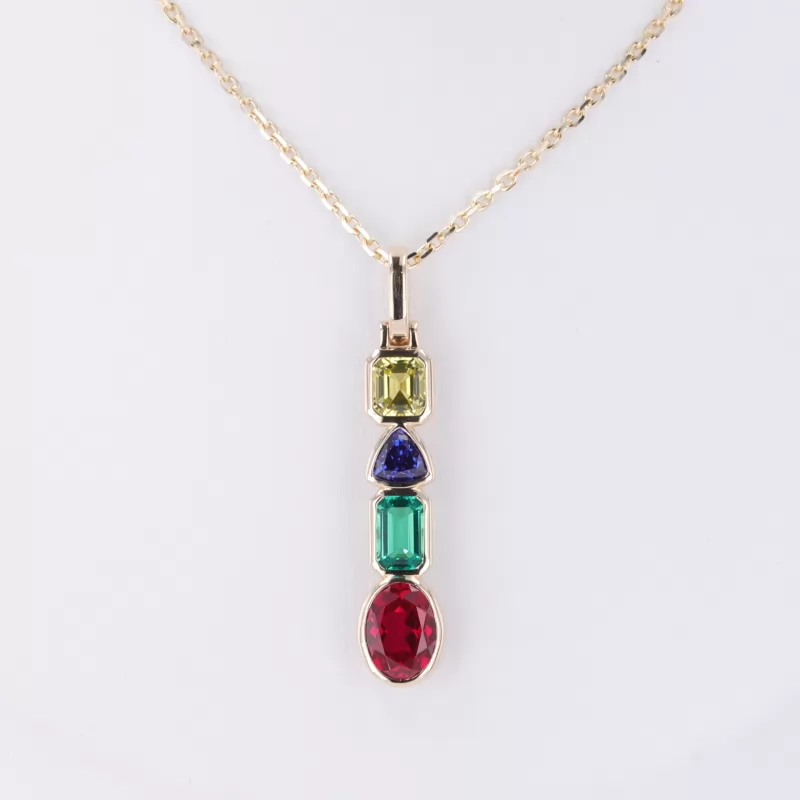 Fancy Shape Lab Gemstones Bezel Set 14K Yellow Gold Diamond Pendant Necklace