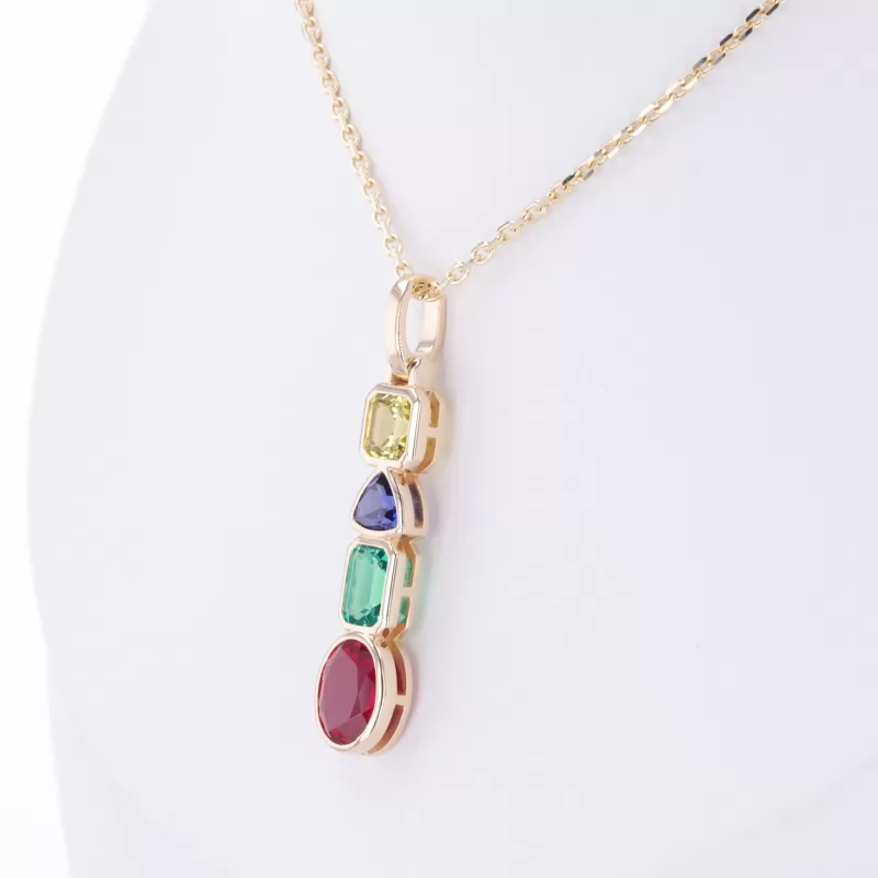 Fancy Shape Lab Gemstones Bezel Set 14K Yellow Gold Diamond Pendant Necklace