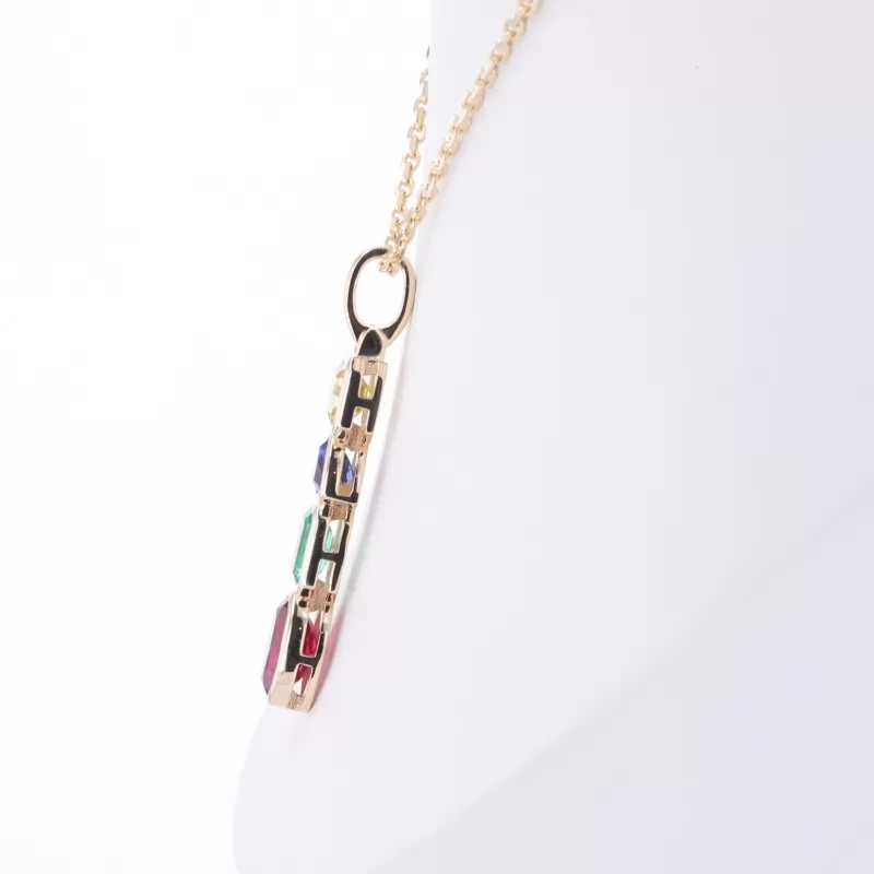 Fancy Shape Lab Gemstones Bezel Set 14K Yellow Gold Diamond Pendant Necklace