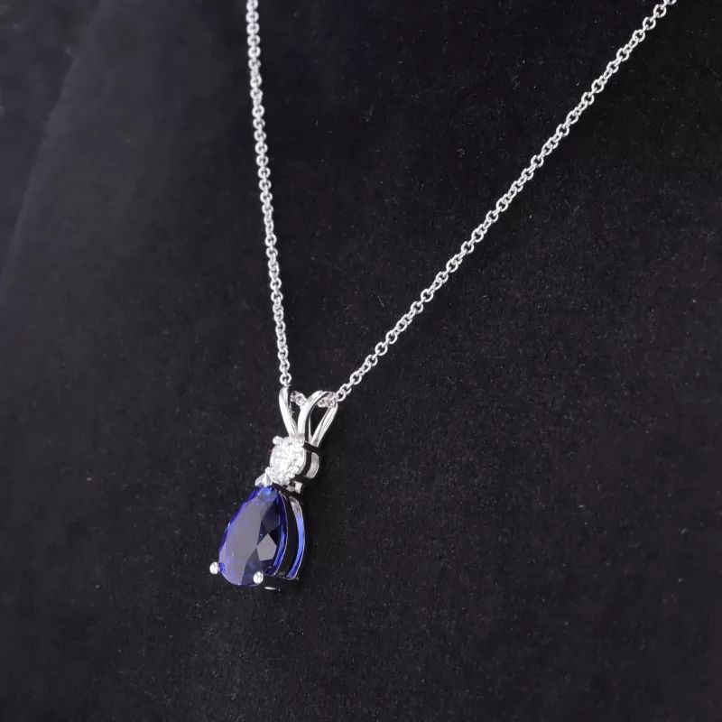 7×10mm Pear Cut Lab Grown Sapphire 14K White Gold Diamond Pendant Necklace