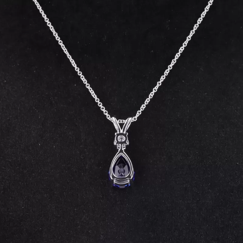 7×10mm Pear Cut Lab Grown Sapphire 14K White Gold Diamond Pendant Necklace