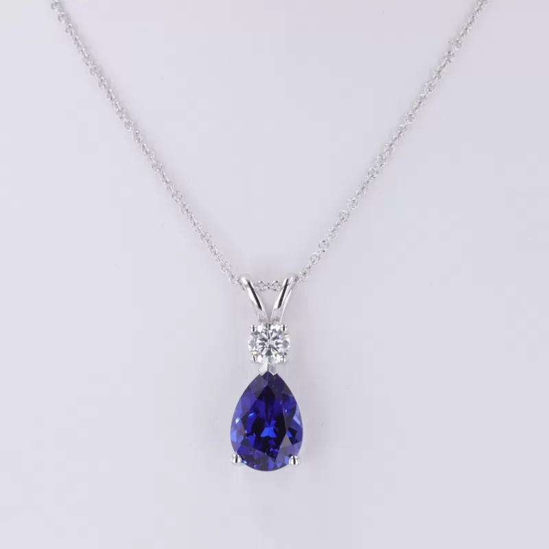 7×10mm Pear Cut Lab Grown Sapphire 14K White Gold Diamond Pendant Necklace