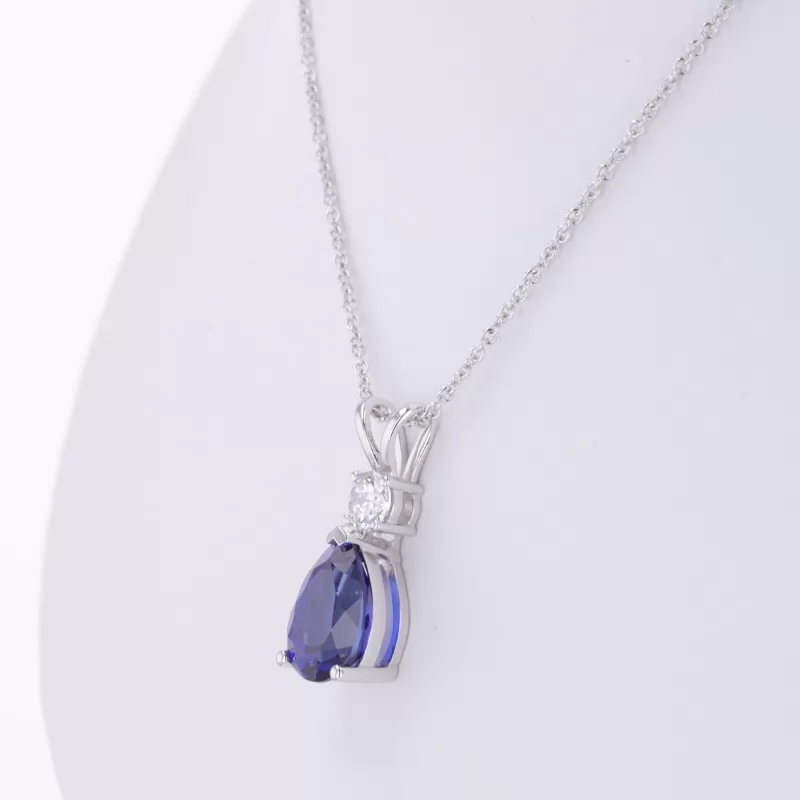 7×10mm Pear Cut Lab Grown Sapphire 14K White Gold Diamond Pendant Necklace