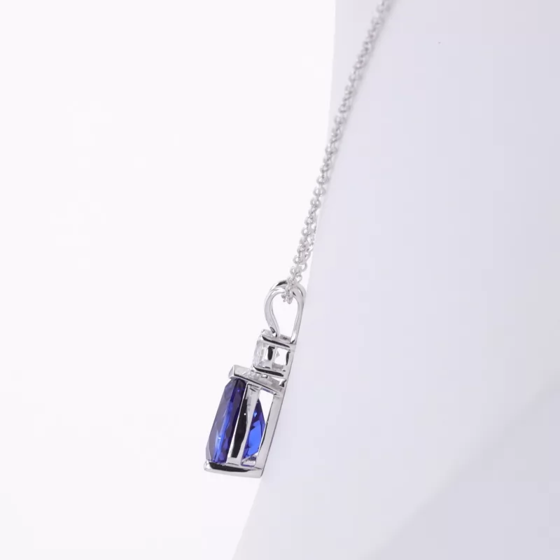 7×10mm Pear Cut Lab Grown Sapphire 14K White Gold Diamond Pendant Necklace