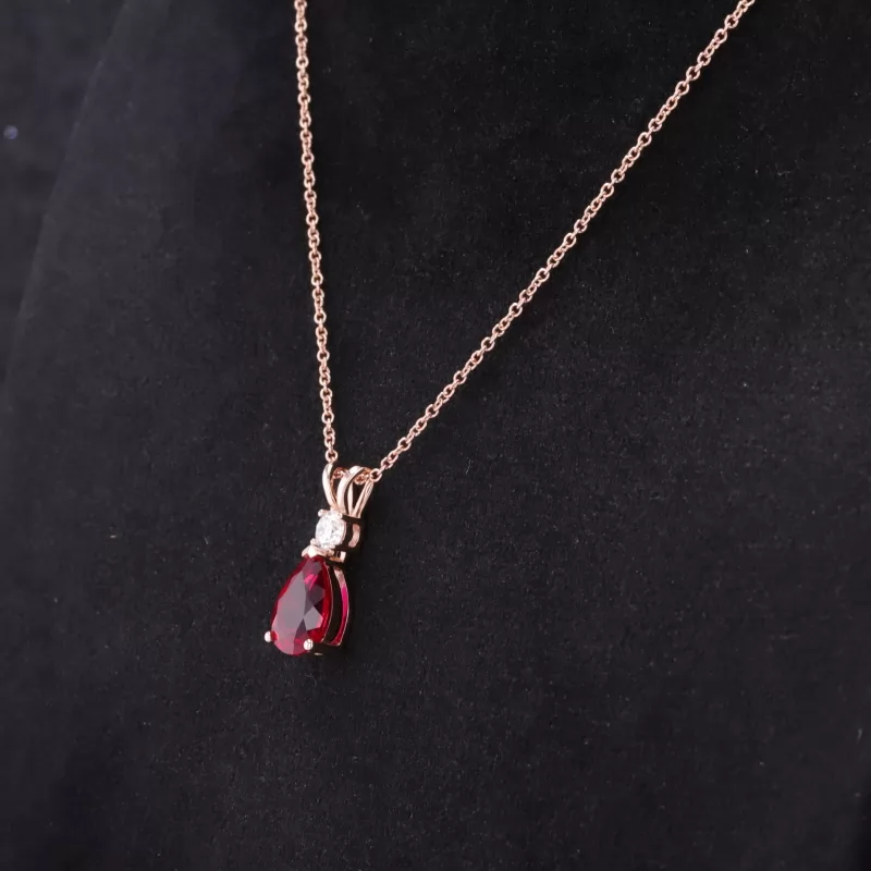 6×9mm Pear Cut Lab Grown Ruby 14K Rose Gold Diamond Pendant Necklace