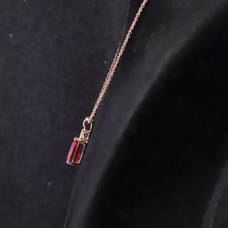 6×9mm Pear Cut Lab Grown Ruby 14K Rose Gold Diamond Pendant Necklace