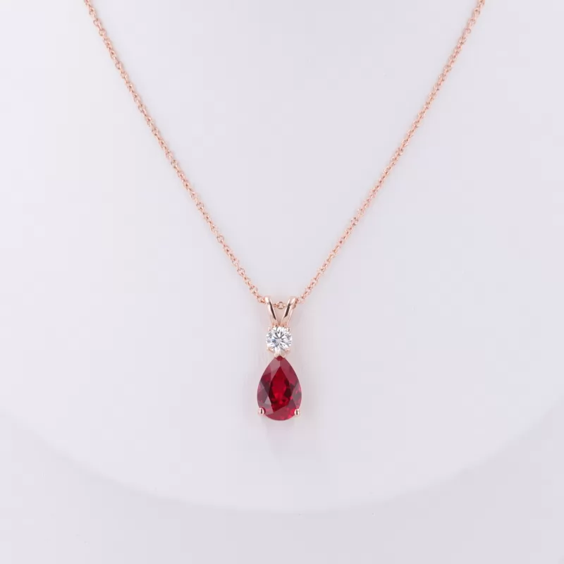 6×9mm Pear Cut Lab Grown Ruby 14K Rose Gold Diamond Pendant Necklace