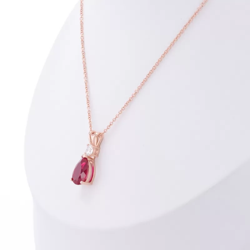 6×9mm Pear Cut Lab Grown Ruby 14K Rose Gold Diamond Pendant Necklace