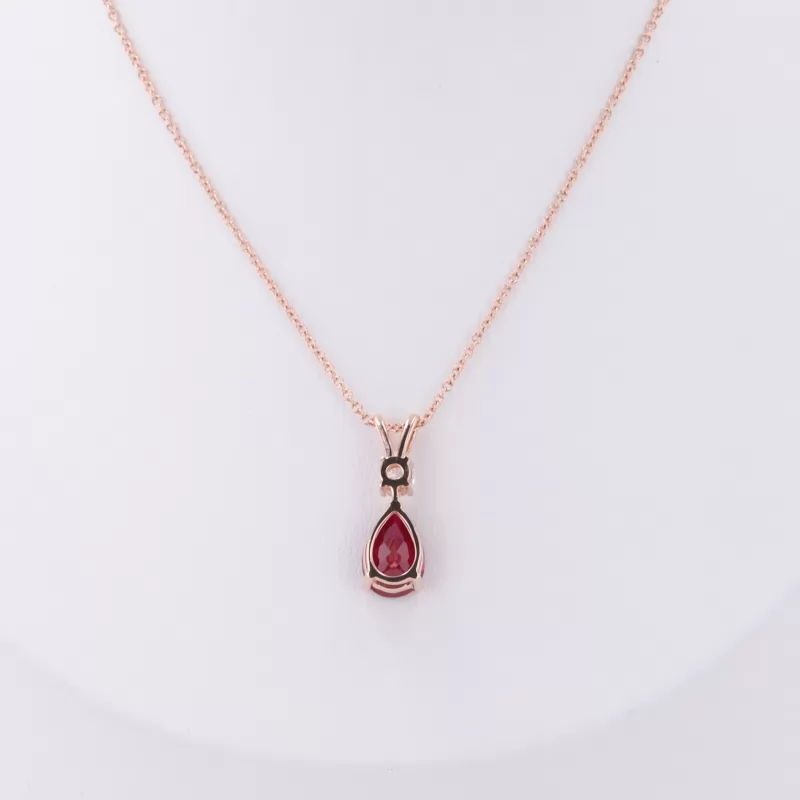 6×9mm Pear Cut Lab Grown Ruby 14K Rose Gold Diamond Pendant Necklace