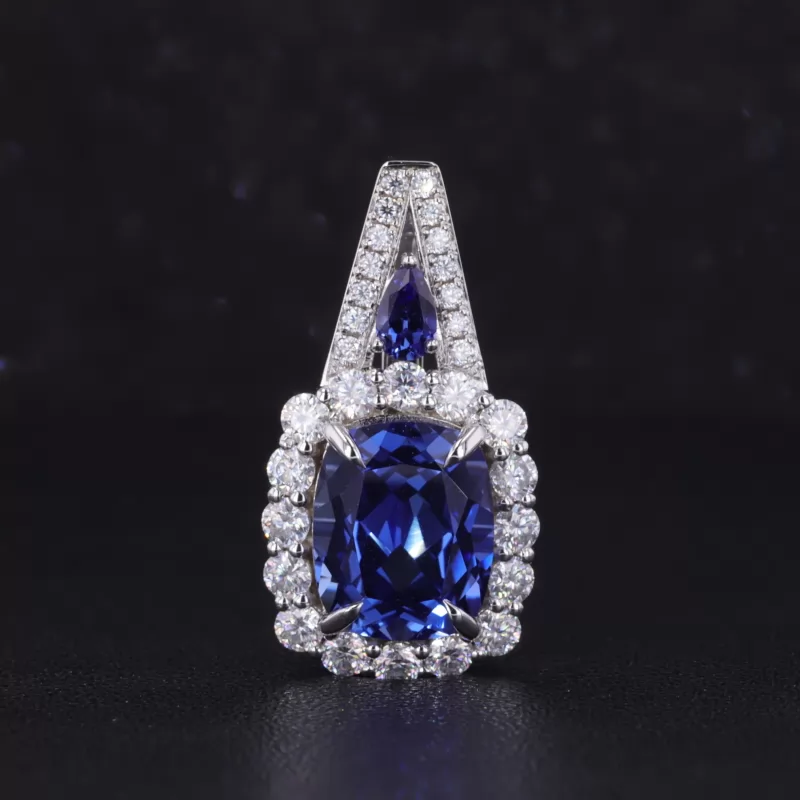 9×11mm Cushion Cut Lab Grown Sapphire & Lab Grown Emerald 14K White Gold Diamond Pendants