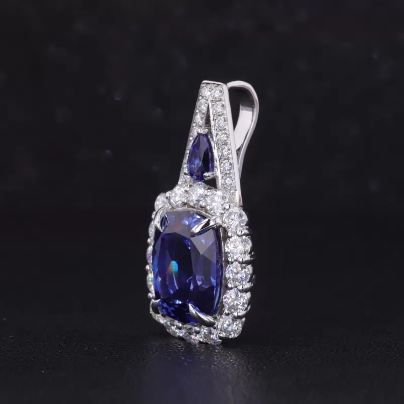 9×11mm Cushion Cut Lab Grown Sapphire & Lab Grown Emerald 14K White Gold Diamond Pendants