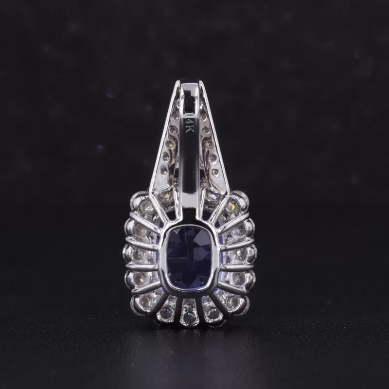 9×11mm Cushion Cut Lab Grown Sapphire & Lab Grown Emerald 14K White Gold Diamond Pendants