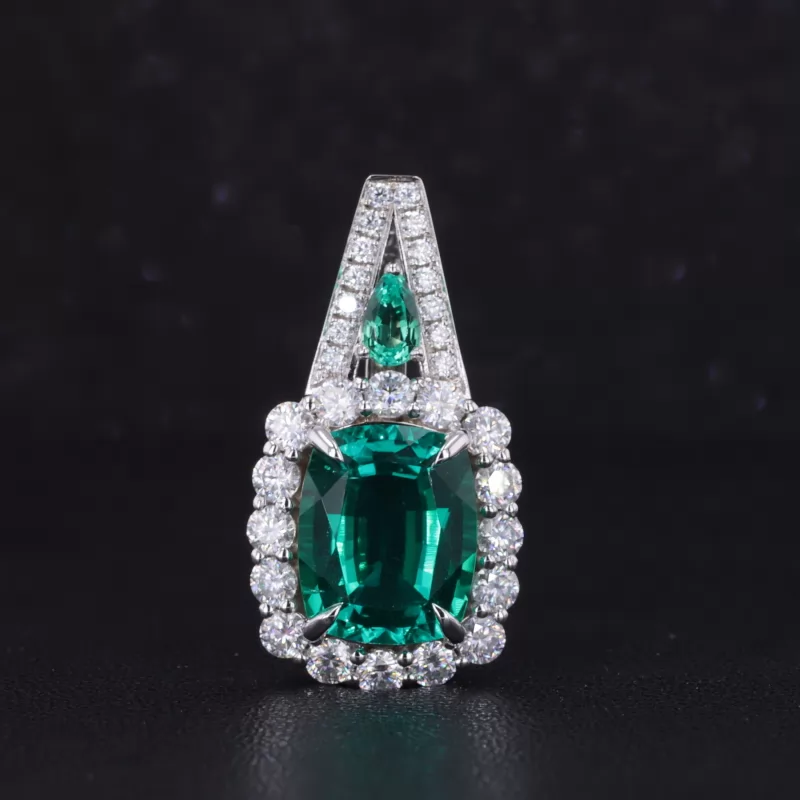 9×11mm Cushion Cut Lab Grown Sapphire & Lab Grown Emerald 14K White Gold Diamond Pendants