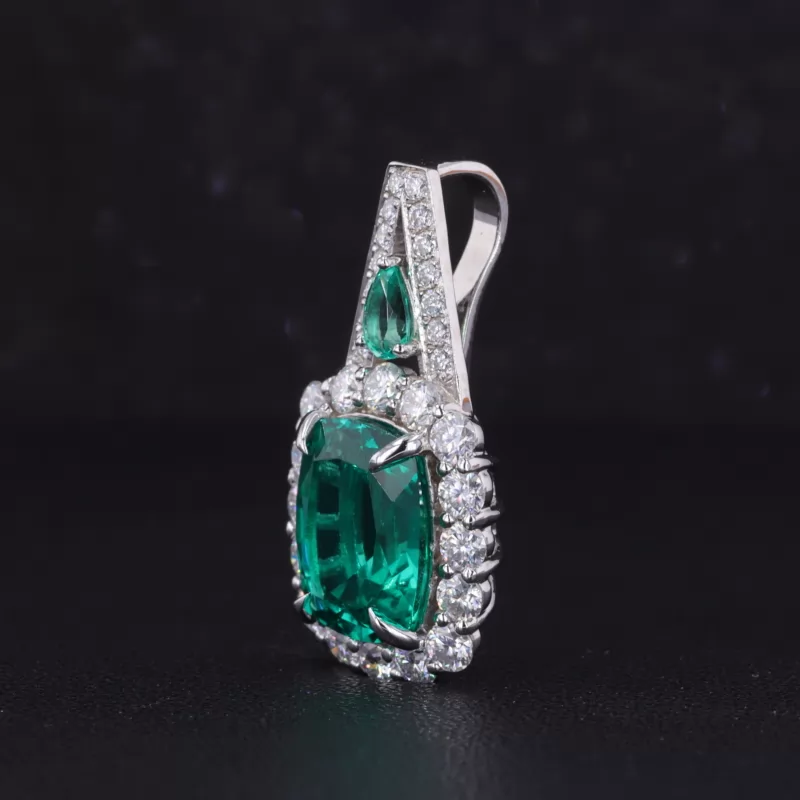 9×11mm Cushion Cut Lab Grown Sapphire & Lab Grown Emerald 14K White Gold Diamond Pendants