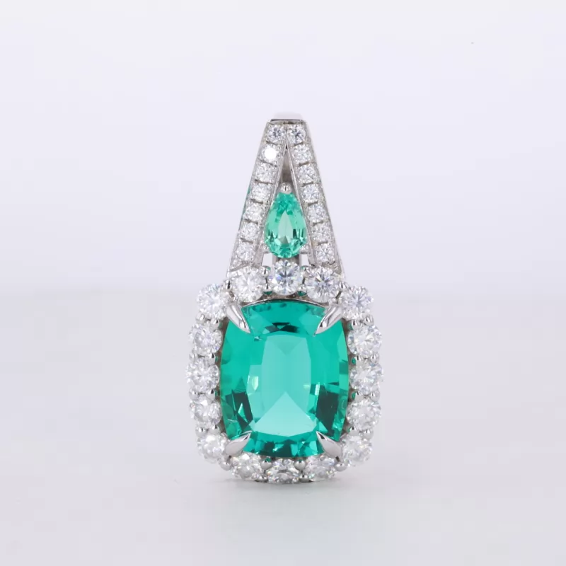 9×11mm Cushion Cut Lab Grown Sapphire & Lab Grown Emerald 14K White Gold Diamond Pendants