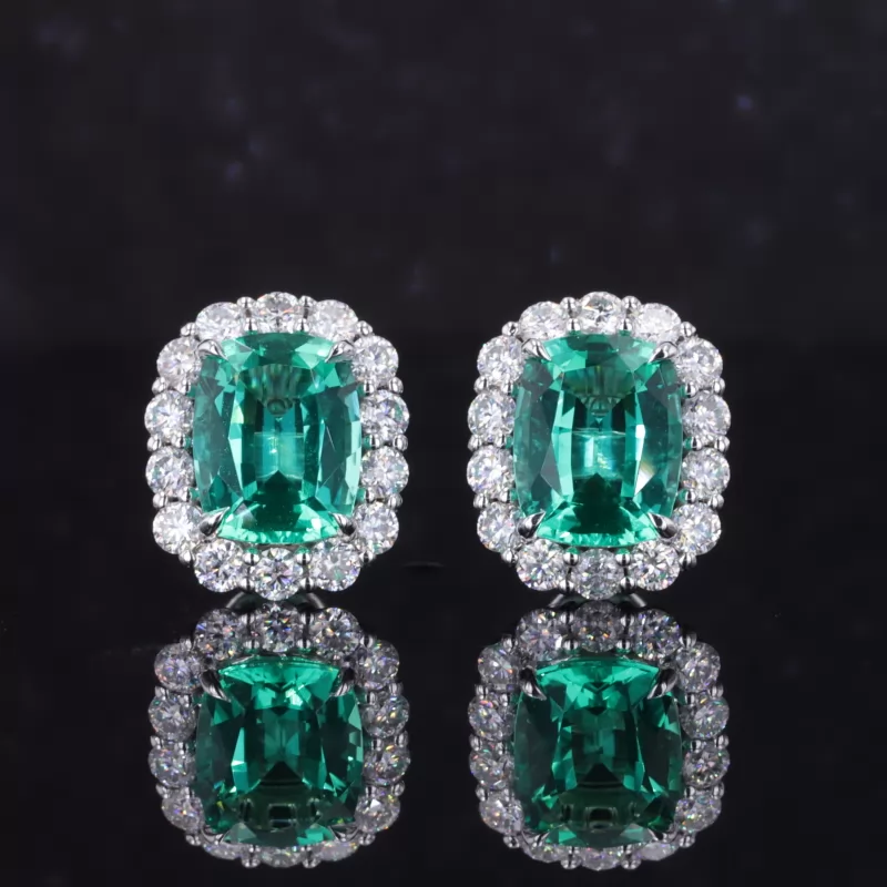 7×9mm Cushion Cut Lab Grown Emerald Halo Set 14K White Gold Diamond Stud Earrings