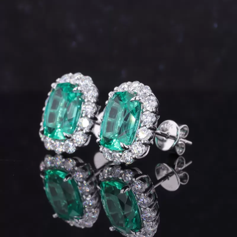 7×9mm Cushion Cut Lab Grown Emerald Halo Set 14K White Gold Diamond Stud Earrings