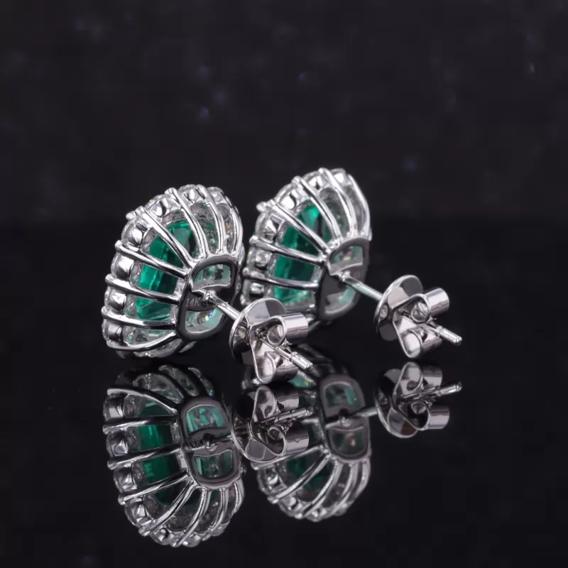 7×9mm Cushion Cut Lab Grown Emerald Halo Set 14K White Gold Diamond Stud Earrings