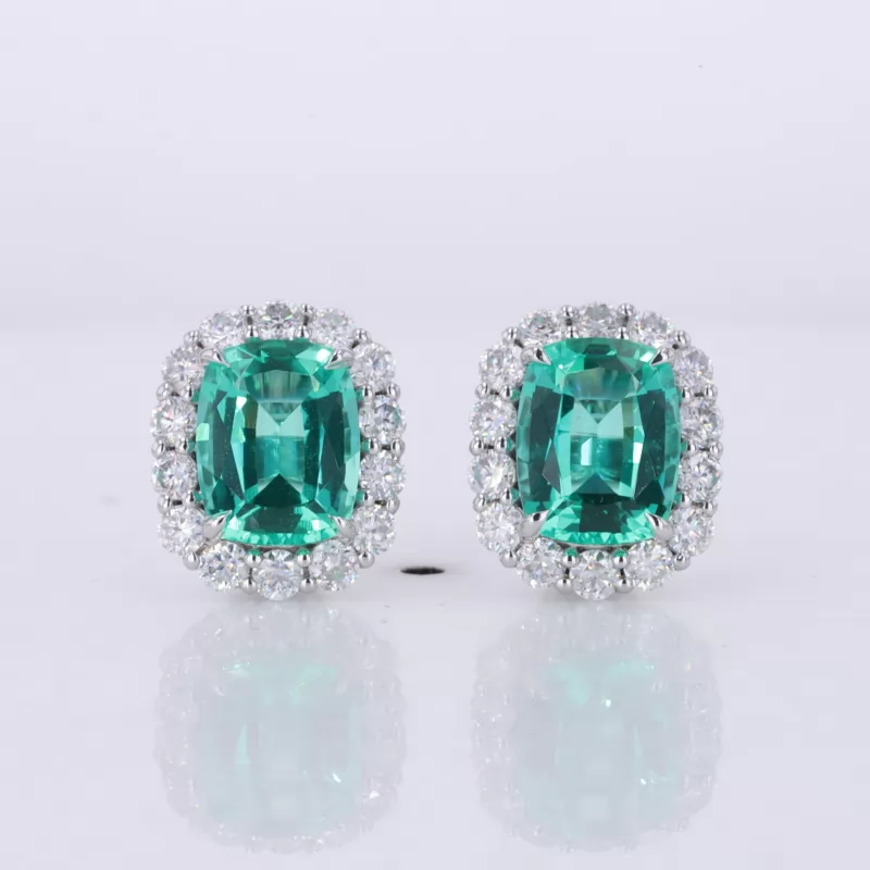 7×9mm Cushion Cut Lab Grown Emerald Halo Set 14K White Gold Diamond Stud Earrings