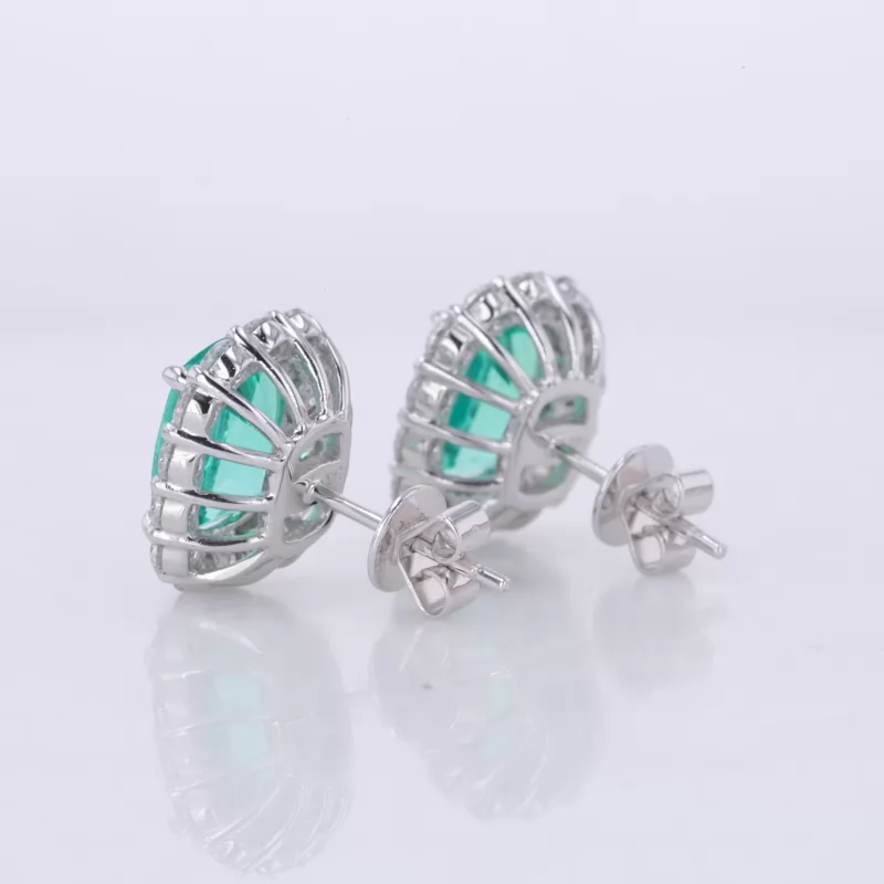 7×9mm Cushion Cut Lab Grown Emerald Halo Set 14K White Gold Diamond Stud Earrings