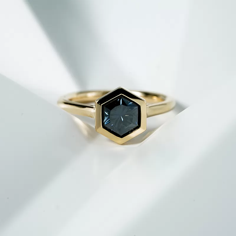 7×7mm Hexagonal Shape Dark Grey Moissanite Bezel Set 10K Yellow Gold Solitaire Engagement Ring